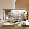 Modern Basement Interior Design With Wooden Ceiling Sofa Fireplace And Natural Light