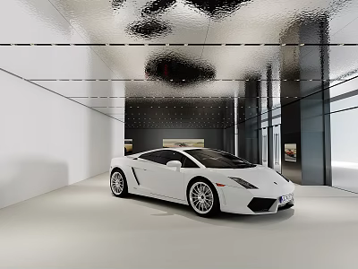 White Lamborghini Sports Car In Modern Showroom With Glass Walls And Lighting 3d model