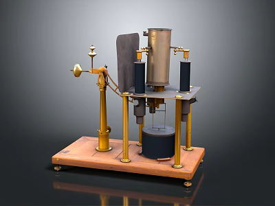 Vintage Mechanical Device With Wooden Base And Brass Metal Components 3d model