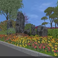 Garden Ornament Design With Decorative Rocks Trimmed Shrubs And Colorful Flowers