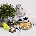 Delicious Breakfast Food With Pancakes Blueberries Grapes And Lemon Slices On Wooden Board