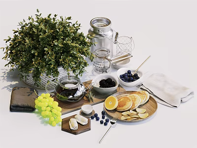 Delicious Breakfast Food With Pancakes Blueberries Grapes And Lemon Slices On Wooden Board 3d model