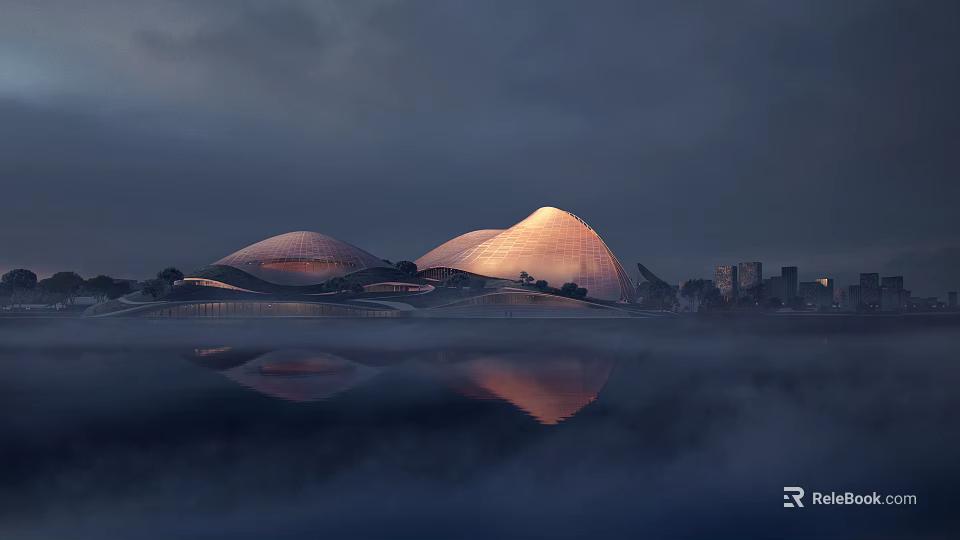 Modern Cultural Center Building With Curved Roof Structures Illuminated At Dusk With Water Reflection 3d model 