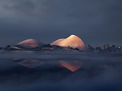 Modern Cultural Center Building With Curved Roof Structures Illuminated At Dusk With Water Reflection 3d model