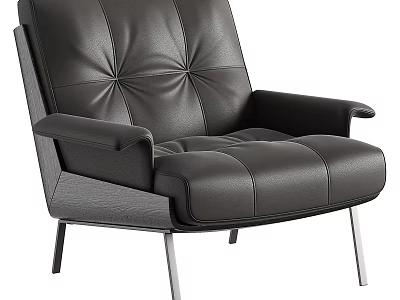 Black Leather Single Sofa With Tufted Stitching Details And Metal Legs 3d model
