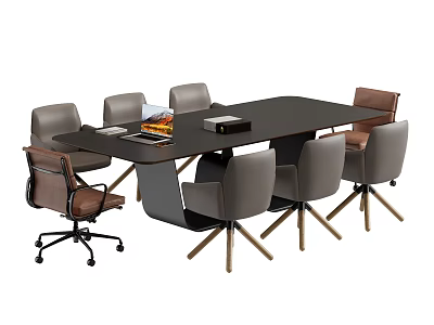 Modern Black Conference Table Surrounded By Gray And Brown Office Chairs With Documents On Top 3d model