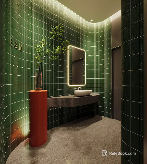 Modern Bathroom Interior With Green Tiled Walls Mirror Sink Counter Red Pillar And Plant 3d model 