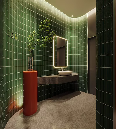 Modern Bathroom Interior With Green Tiled Walls Mirror Sink Counter Red Pillar And Plant 3d model