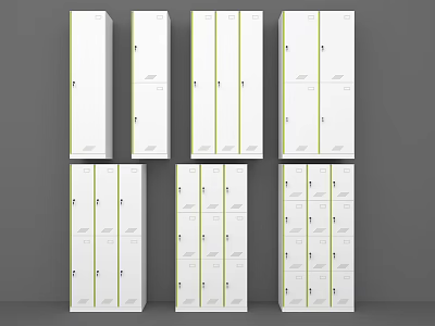White Storage Lockers With Green Accent Lines And Multiple Door Designs For Modern Storage 3d model