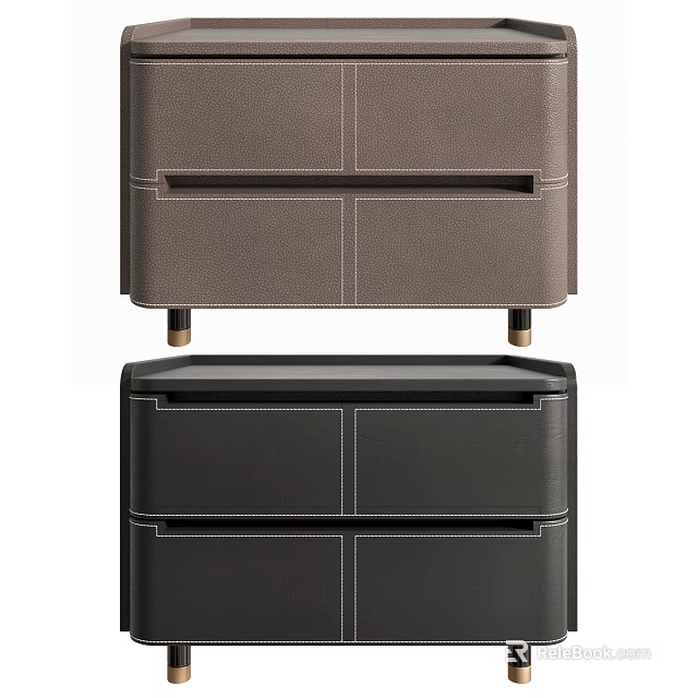 Modern Bedside Tables Brown And Black Leather With Drawers Stitched Details And Metal Legs 3d model 