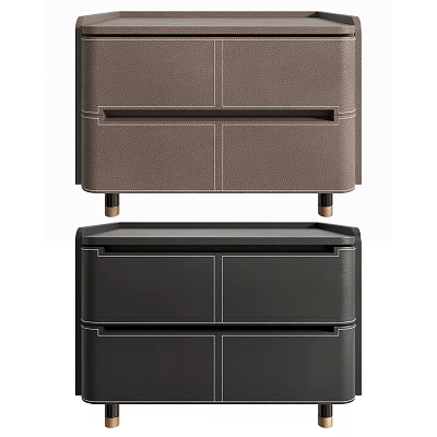 Modern Bedside Tables Brown And Black Leather With Drawers Stitched Details And Metal Legs 3d model