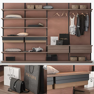 Modern Wardrobe Interior With Hanging Clothes Shelves Drawers Pillows Shoes And Designer Bags 3d model