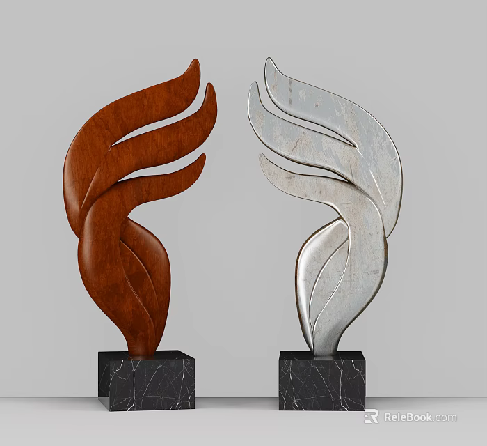 Decorative Ornament Set Brown Wooden Silver Metal Curved Leaf Designs On Black Marble Bases 3d model 