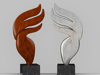 Decorative Ornament Set Brown Wooden Silver Metal Curved Leaf Designs On Black Marble Bases 3d model