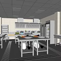 Commercial Kitchen With Stainless Steel Utensils Workbench Storage And Fresh Ingredients
