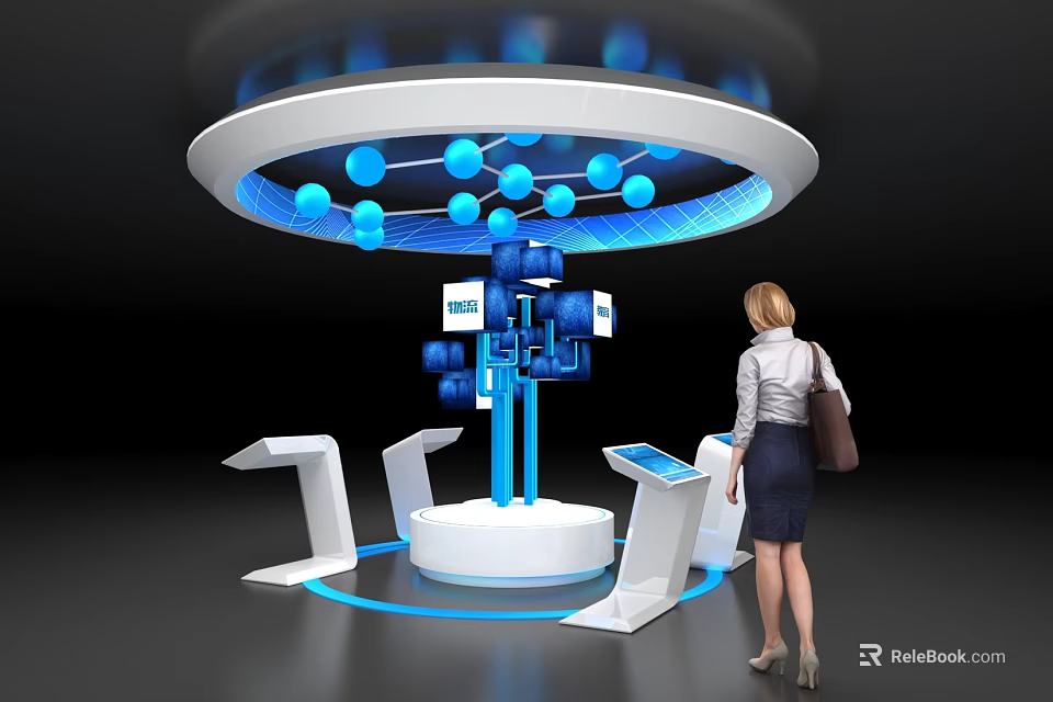 Woman Observing Interactive Tech Display Stand With Blue Spheres Connecting Lines And Digital Screens 3d model 