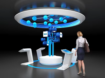 Woman Observing Interactive Tech Display Stand With Blue Spheres Connecting Lines And Digital Screens 3d model