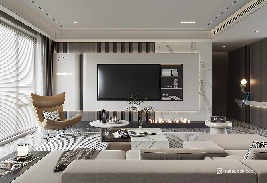 Modern Living Room Interior With Sofa TV Wall Fireplace Marble Accents And Large Windows 3d model 