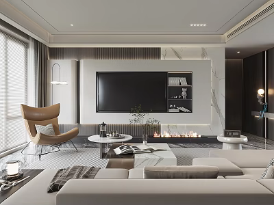 Modern Living Room Interior With Sofa TV Wall Fireplace Marble Accents And Large Windows 3d model
