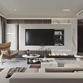 Modern Living Room Interior With Sofa TV Wall Fireplace Marble Accents And Large Windows