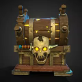 Ornate Vintage Wooden Treasure Chest With Glowing Skull And Metal Accents