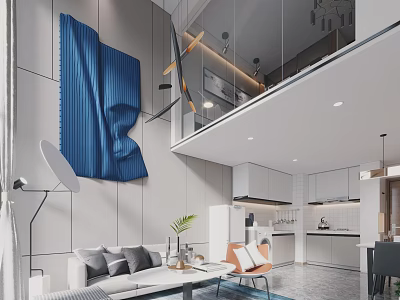 Modern Apartment Interior Design With Living Room Blue Decor Sofa And Kitchen Area 3d model
