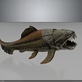 Fantasy Armored Fish Creature 3D Render With Open Mouth And Textured Orange Gray Body