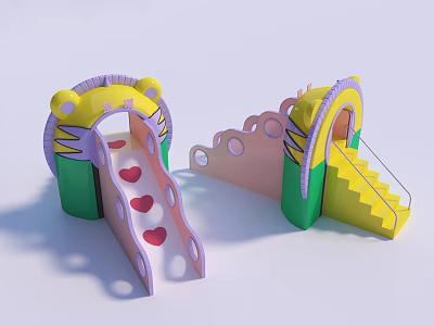 Colorful Children's Playground Equipment With Slide Stairs Heart Patterns And Tiger Ear Decorations 3d model