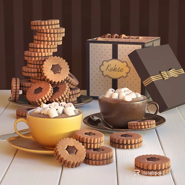 Stacked Chocolate Filled Cookies and Foamy Hot Chocolate Topped with Marshmallows and Decorative Gift Box 3d model 