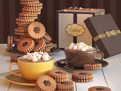 Stacked Chocolate Filled Cookies and Foamy Hot Chocolate Topped with Marshmallows and Decorative Gift Box 3d model