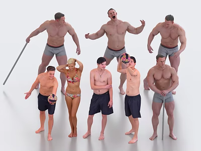 Group of Athletic People Posing in Different Poses with Fitness Props 3d model