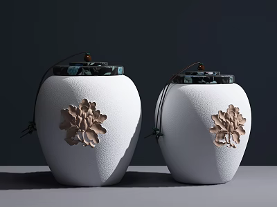 Ornamental White Ceramic Vessels with Golden Flower Decorations Textured Surface and Black Lids 3d model