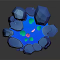 Low Poly Surrounding Rocks Scene With Glowing Lotus And Blue Hexagonal Base