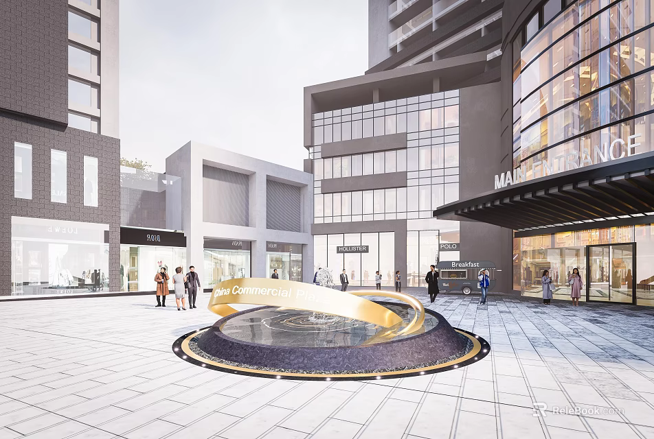 Golden Circular Sculpture In Urban Plaza With Modern Buildings And Pedestrians 3d model 