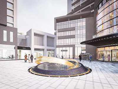 Golden Circular Sculpture In Urban Plaza With Modern Buildings And Pedestrians 3d model