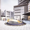 Golden Circular Sculpture In Urban Plaza With Modern Buildings And Pedestrians