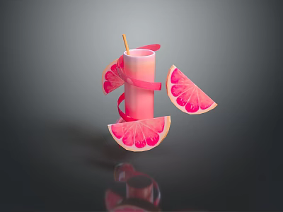 Pink Fruit Infused Refreshing Drink With Grapefruit Slices Straw And Ribbon 3d model