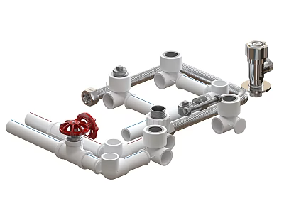 White PVC Plumbing Pipes with Red Valve and Fittings for Water System 3d model