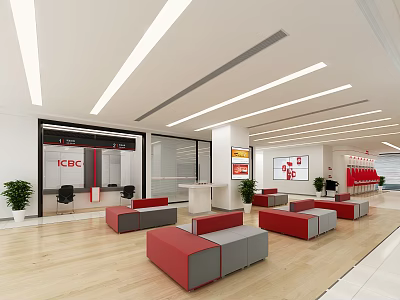 ICBC Service Hall Interior With Red Grey Sofas Wooden Floors And Glass Partitions 3d model