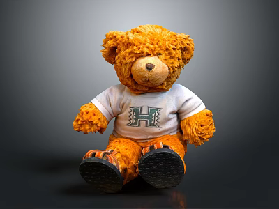 Wooden Kids Chair With Orange Teddy Bear In White T Shirt And Black Foot Design 3d model