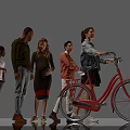 Group of People Standing Together With One Riding Red Bicycle In Casual Outfits
