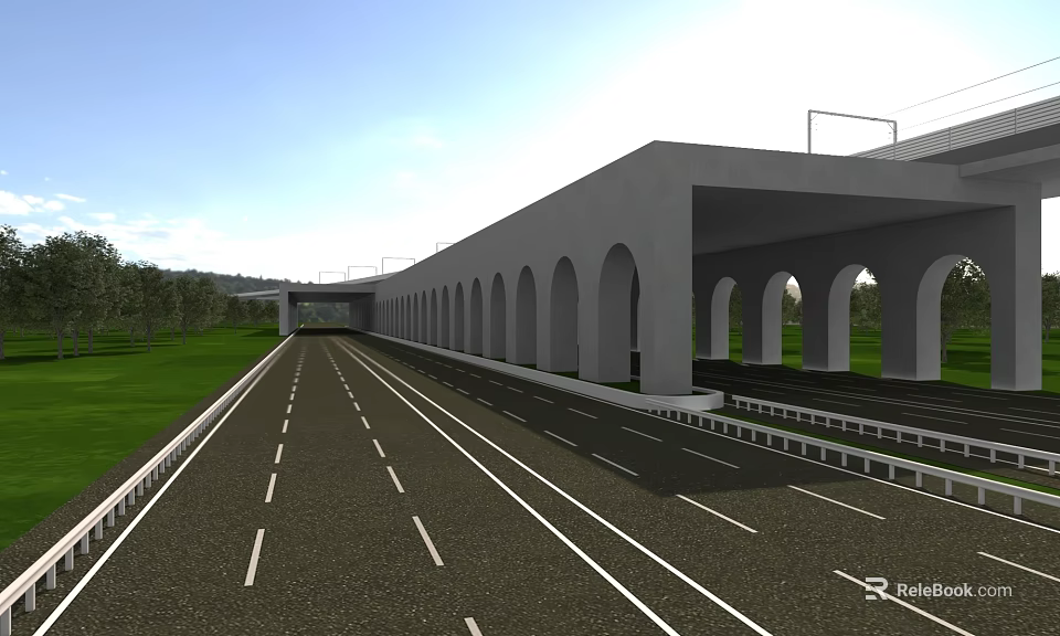 Modern Arched Bridge With Wide Road Green Grass And Trees 3d model
