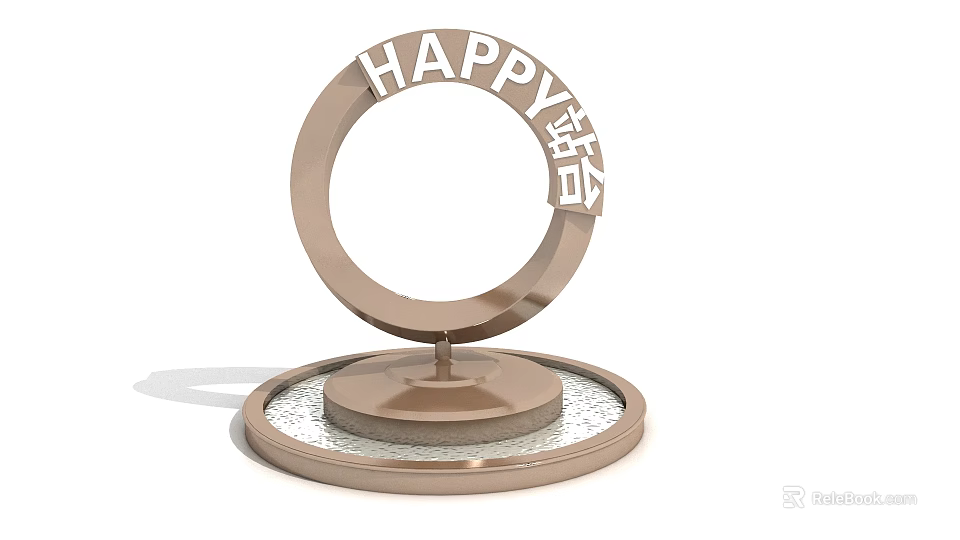 Decorative Garden Ornament With Circular Ring Happy Lettering And Pebble Base 3d model 