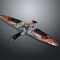 Flying Duck With Spread Wings And Brown Black Striped Feathers On Gray Background