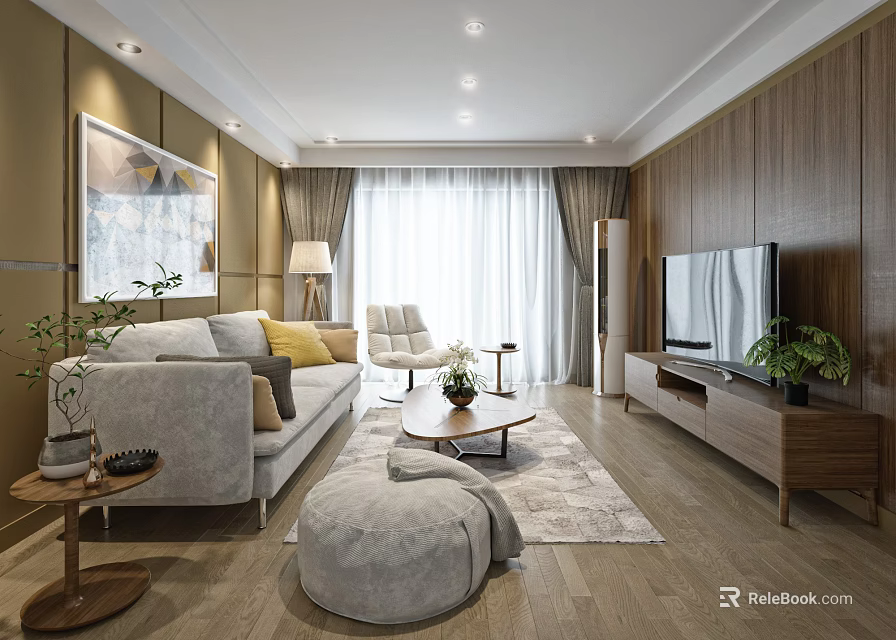 Modern Living Room Interior Featuring Gray Sofa Beige Armchair TV And Wooden Elements 3d model 
