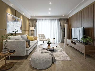 Modern Living Room Interior Featuring Gray Sofa Beige Armchair TV And Wooden Elements 3d model