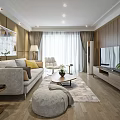 Modern Living Room Interior Featuring Gray Sofa Beige Armchair TV And Wooden Elements