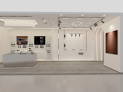 Modern Retail Store Interior With Display Counter Lighting Fixtures And Product Exhibits 3d model