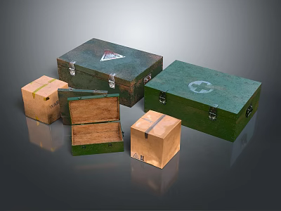 Green Wooden And Brown Cardboard Boxes Featuring Vintage Style Various Sizes Metal Clasps White Symbols 3d model