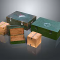 Green Wooden And Brown Cardboard Boxes Featuring Vintage Style Various Sizes Metal Clasps White Symbols